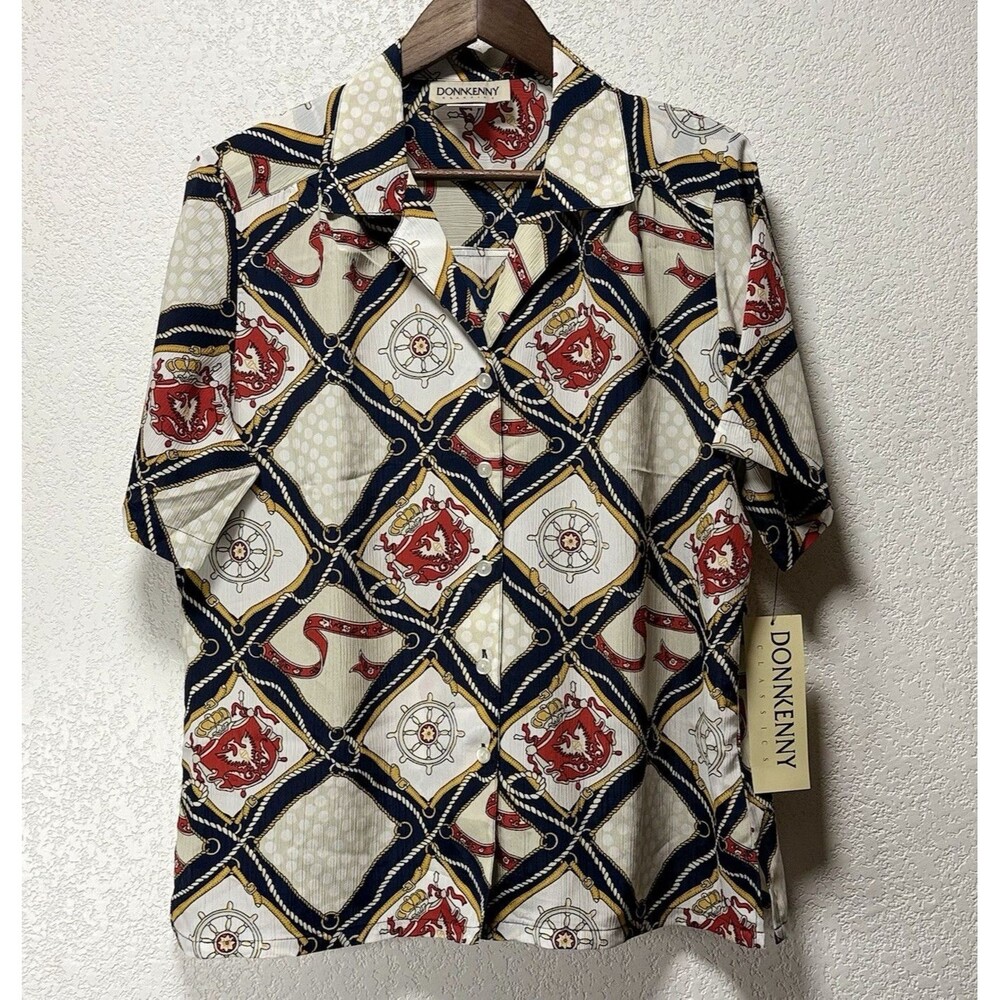 Donnkenny Women’s Nautical Sailboat Anchor Button Up Blouse Shirt L NWT Short